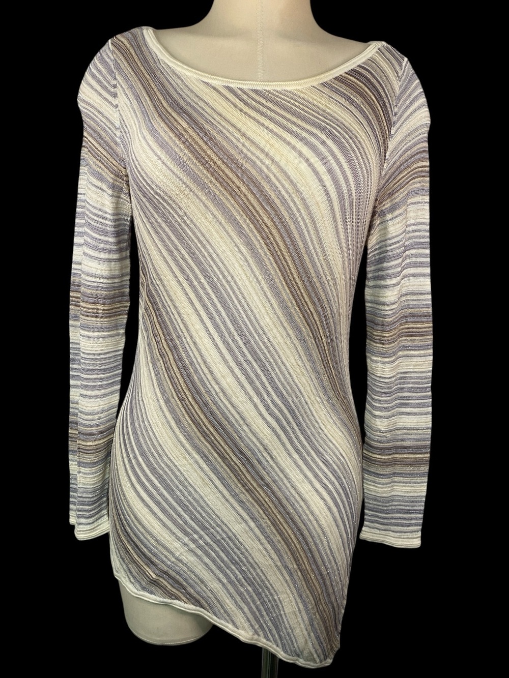 White House Black Market LS Striped Knit Tunic Cream Gray Metallic Medium